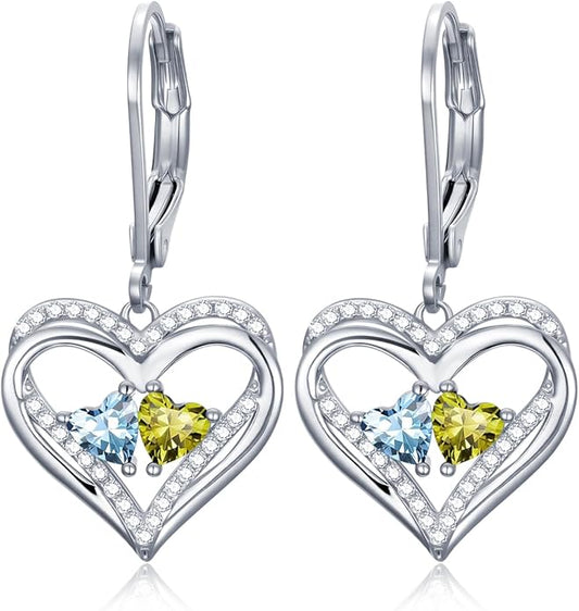 Heart Leverback Earrings Double Birthstone Dangle Earrings for Women, Love Jewelry for Her, Christmas Gifts for Women, Anniversary Birthday Gift for Mom Wife Girlfriend