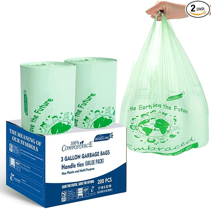 BEIDOU-PAC 100% Compostable Trash Bags, 3 Gallon Compost Bags Small Kitchen Trash Bags with Handle, 200 Count Sturdy Biodegradable Garbage Bags Food Scrap Waste Bags, ASTM D6400, US BPI Certified