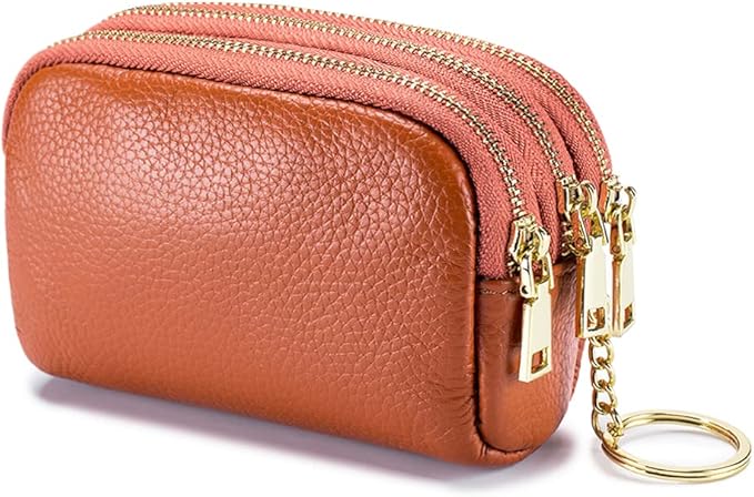 LINNO 3 Zippered Genuine Leather Coin Purse Triple Capacity Change Pouch Little Travel Wallet With Key Ring for Women