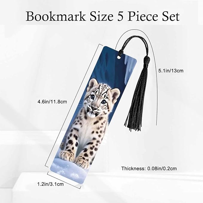 Snow Leopard Bookmarks 5 Pcs Cute Animal Spot Wooden Bookmark with Tassels for Reading Book Lovers Gift Office School Readers Teacher