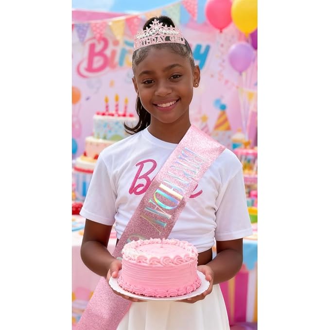 Pink Birthday Girl Crown and Sash, Pearl Birthdays tiara Pink Birthday Decorations Set, Princess Crown Tiara for Women and Girls