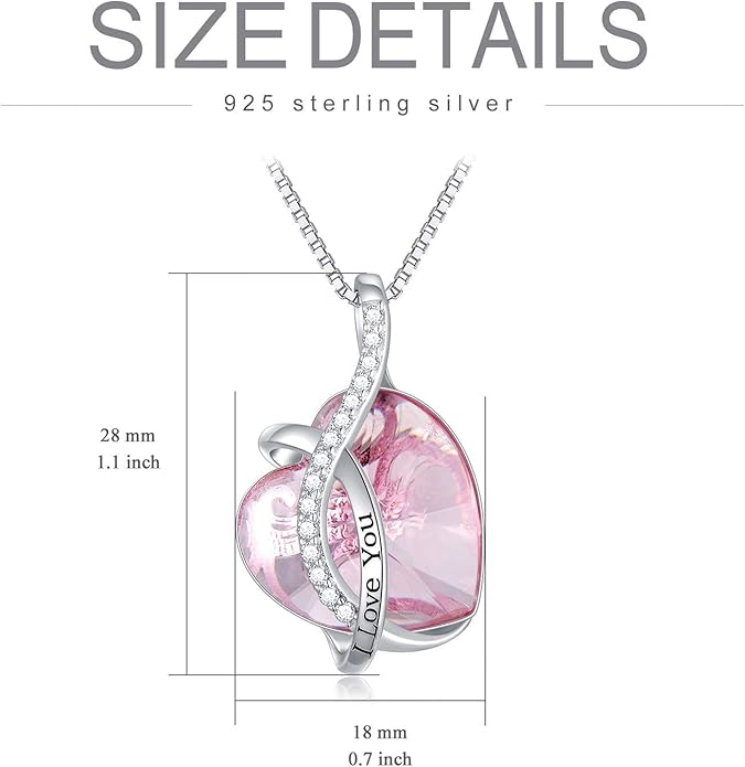 AOBOCO I Love You Sterling Silver 12 Birthstone Heart Pendant Necklace Embellished with Crystals from Austria, Mother's Day Anniversary Birthday Jewelry Christmas Gifts for Women Grandma Nana