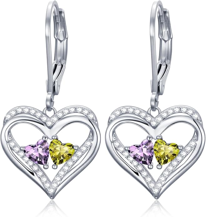Heart Leverback Earrings Double Birthstone Dangle Earrings for Women, Love Jewelry for Her, Christmas Gifts for Women, Anniversary Birthday Gift for Mom Wife Girlfriend