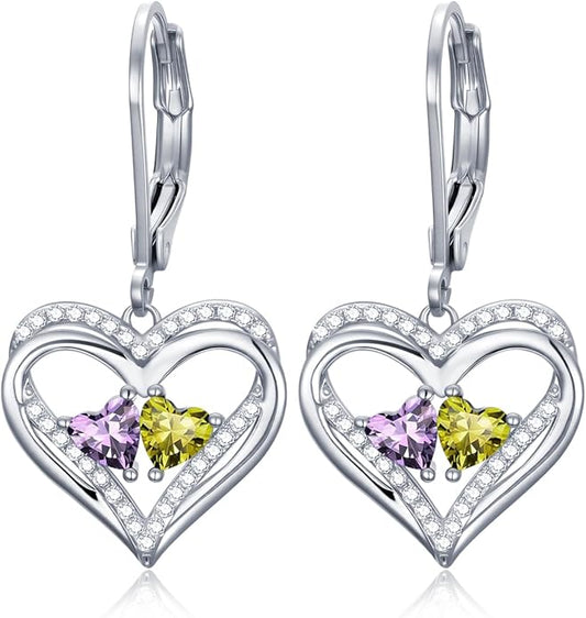 Heart Leverback Earrings Double Birthstone Dangle Earrings for Women, Love Jewelry for Her, Christmas Gifts for Women, Anniversary Birthday Gift for Mom Wife Girlfriend