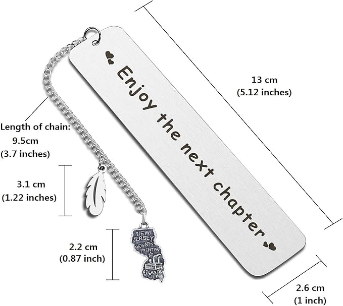BRBAM Enjoy The Next Chapter Bookmark Personalized US State Map and Feather Pendant Bookmark Sweet Graduation Gift Retirement Gift (New Jersey)