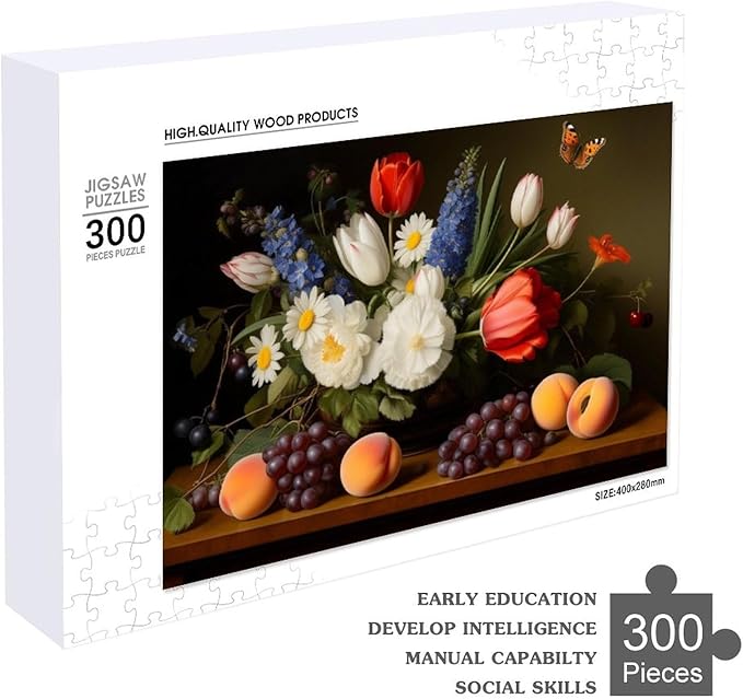 Wooden Puzzle - Vase Flower Grapes Peaches Wooden Puzzles for Adults 300 Pieces Challenge Puzzles，Educational Games，Family Puzzles，Unique Gifts for Wall Art ，Funny Puzzles