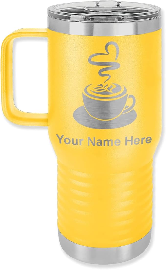 LaserGram 20oz Vacuum Insulated Travel Mug with Handle, Cup of Coffee, Personalized Engraving Included (Yellow)