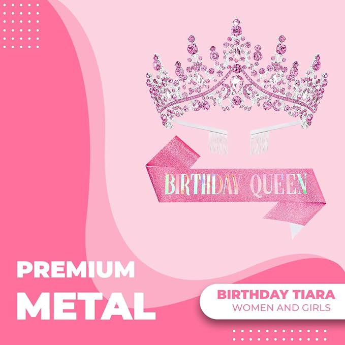 Birthday Tiara Crown with Sash for Women, Headband Hair Accessories for Wedding Party Costume Pink