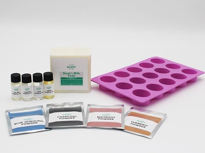 The Soapy Biz 11-Piece Starter Soap Making Kit – DIY Goat Milk Soap Base, Essential Oils, Natural Powders & Silicone Molds – Beginner-Friendly Craft Gift – Make Custom Handmade Soaps at Home