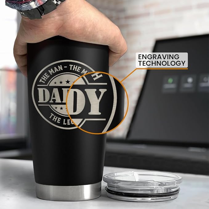 SANDJEST Daddy The Man The Myth The Legend Tumbler with Lid - 20oz Insulated Stainless Steel Mug - Coffee Mug for Sport Office Travel