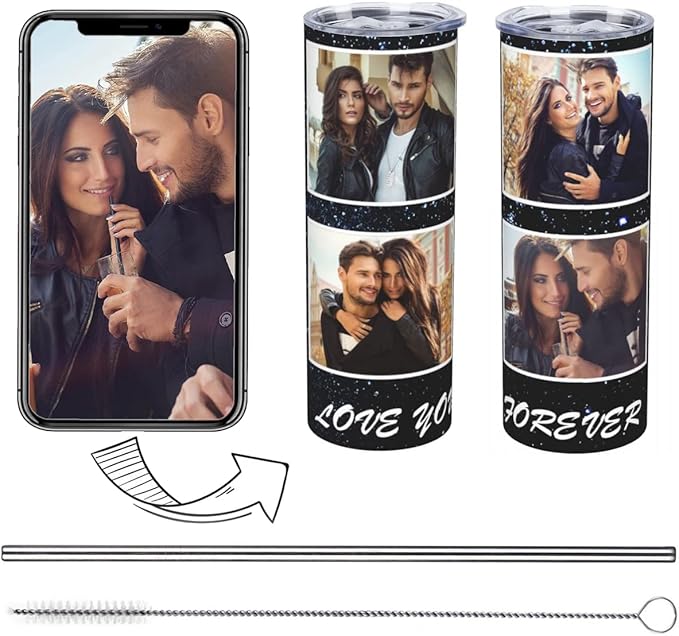 Personalized Custom tumbler Coffee Mug with Lid and Straw Hot and Cold Stainless Steel Vacuum Insulated Travel Mug with Photo Personalized tumbler Gift (20 oz, Cylinder, 4 photos)