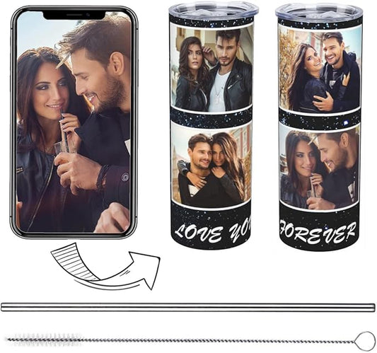 Personalized Custom tumbler Coffee Mug with Lid and Straw Hot and Cold Stainless Steel Vacuum Insulated Travel Mug with Photo Personalized tumbler Gift (20 oz, Cylinder, 4 photos)