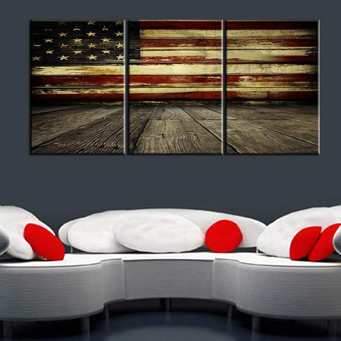 Native America Flag Pictures Patriotic Military Artwork House Decorations Living Room 3 Panel Canvas Wall Art Stars Stripe Retro Painting Framed Stretched Ready to Hang Posters and Prints(48''Wx24''H)