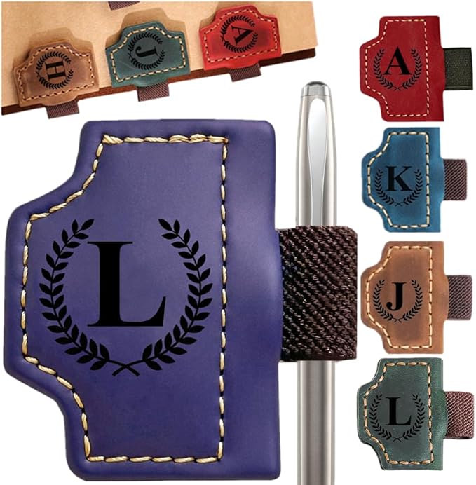 Custom Bookmark with Pen Holder with 26 Letters Personalized Magnetic Leather Book Mark, Customized Name Book Marker Clip with Initial for Men Women, Gifts for Book Lovers, Readers, (Purple, L)