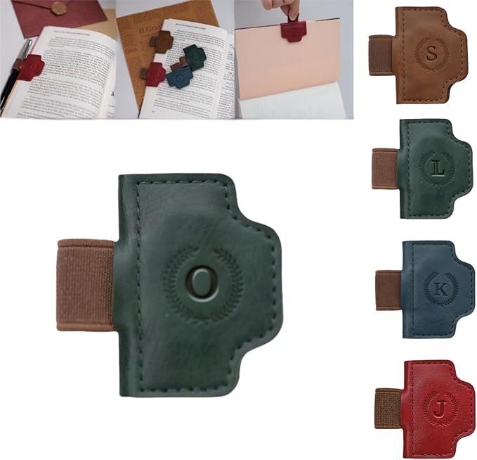Personalized Magnetic Bygone Mark Bookmark with Pen Holder, 26 Letters Name Initial Custom Leather Book Mark for Women, Gifts for Book Lovers and Readers (Green,O)