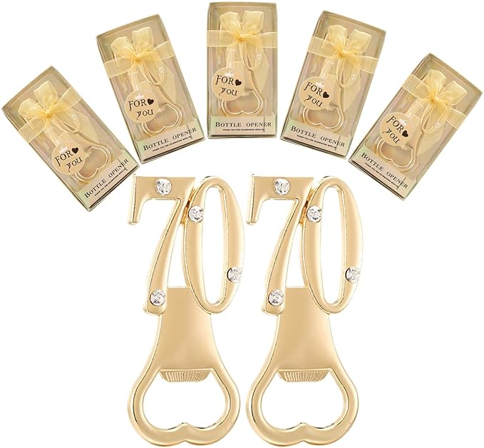 24 pcs gold themed 70th birthday bottle openers favored for 70th anniversary wedding party gifts, 70 birthday party souvenirs or party decorations (Gold, 70 style)