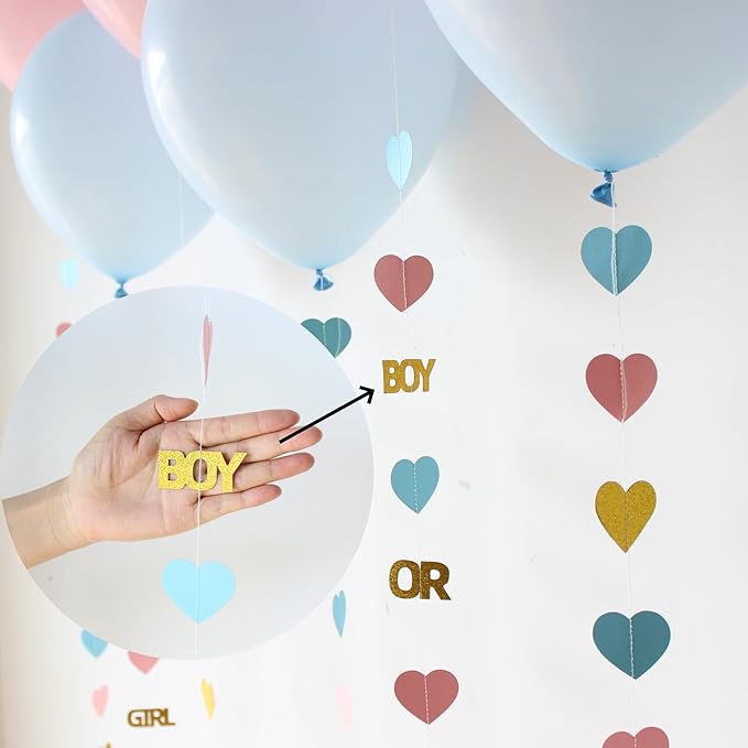 Boy or Girl Gender Reveal Decorations 6PC Pink Blue Balloon Tails with Heart Streamer Garland for Baby Shower Decorations