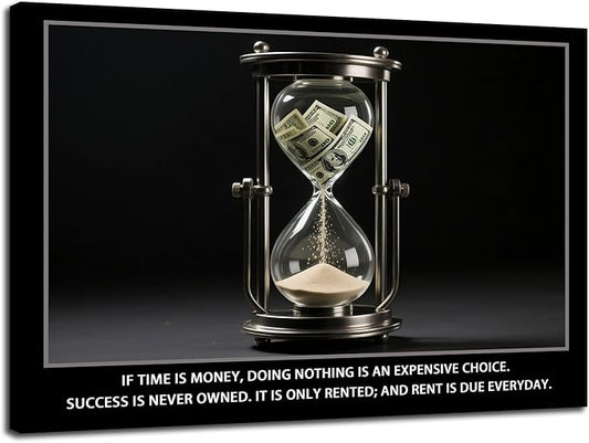 Time Is Money quote Inspirational Wall Art Cherish Motivational Wall Decor Hourglass Poster Canvas Painting Prints Wall Pictures for Home Office Gym Classroom Decor Framed Artwork [12''W x 18''H]
