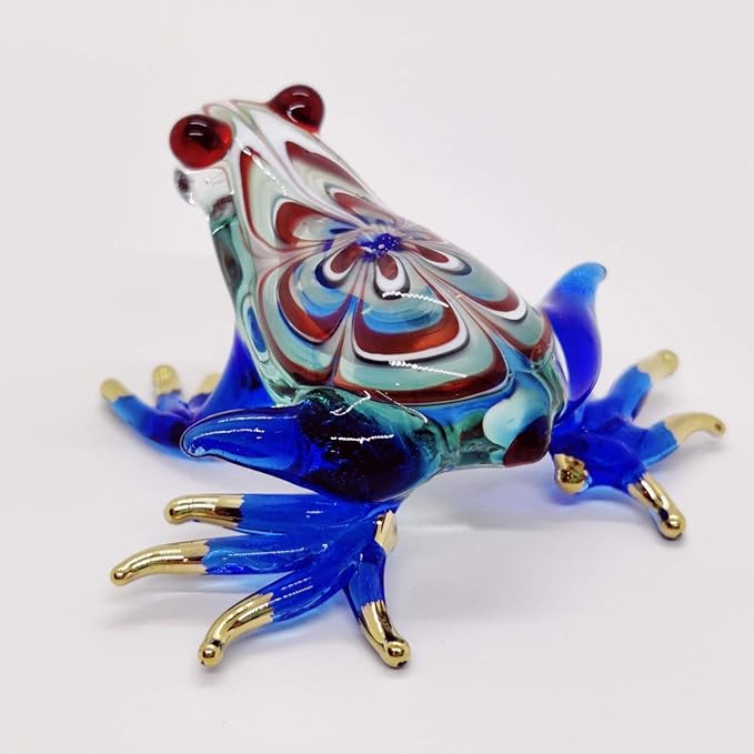 WitnyStore 2¾" Swirl Blue Red Frog Artistic Blown Glass Figurine Premium Hand-Blown Statue Tabletop Decoration Unique Collectible for Adult Collectors Handcrafted Elegant Home Room Decor