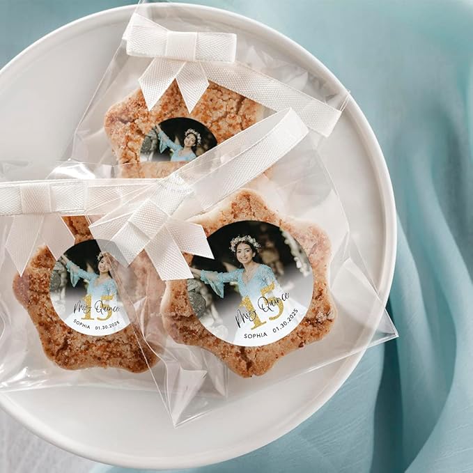 Andaz Press 40-Pack Personalized 2" Round Circle Quinceañera Labels, Mis Quince Sticker Labels with Custom Photo for Quince Años Favors Invitations XV, 15th Birthday Quinceanera Decorations