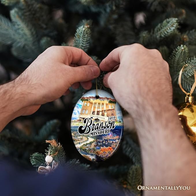 Culturally Vibrant Branson City Ceramic Ornament, Missouri Souvenir and Christmas Tree Decor (Oval)