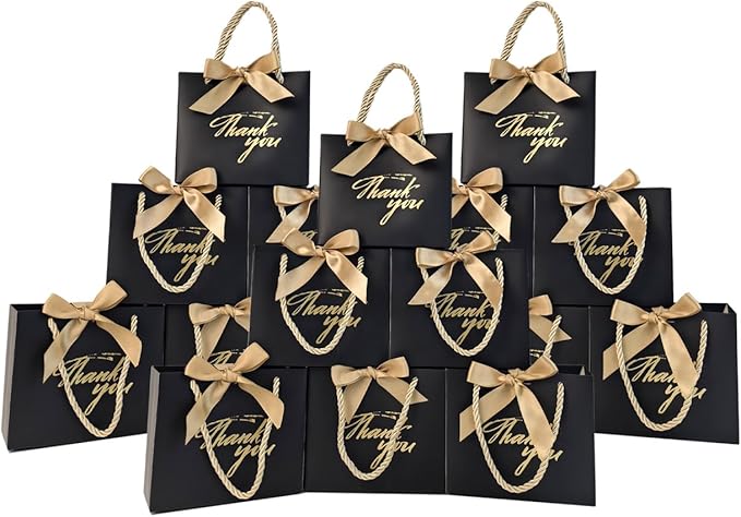 TKSBAG 100 Pack Small Thank You Gift Bags with Handles, 5.5''x 2.5''x4.7'' Mini Black Gift Bags Bulk for Baby Shower, Birthday, Wedding, Party Favors