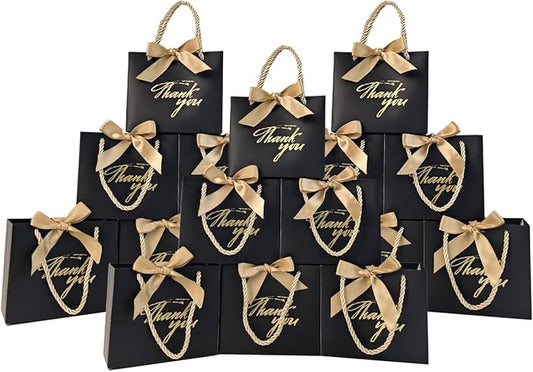 TKSBAG 100 Pack Small Thank You Gift Bags with Handles, 5.5''x 2.5''x4.7'' Mini Black Gift Bags Bulk for Baby Shower, Birthday, Wedding, Party Favors