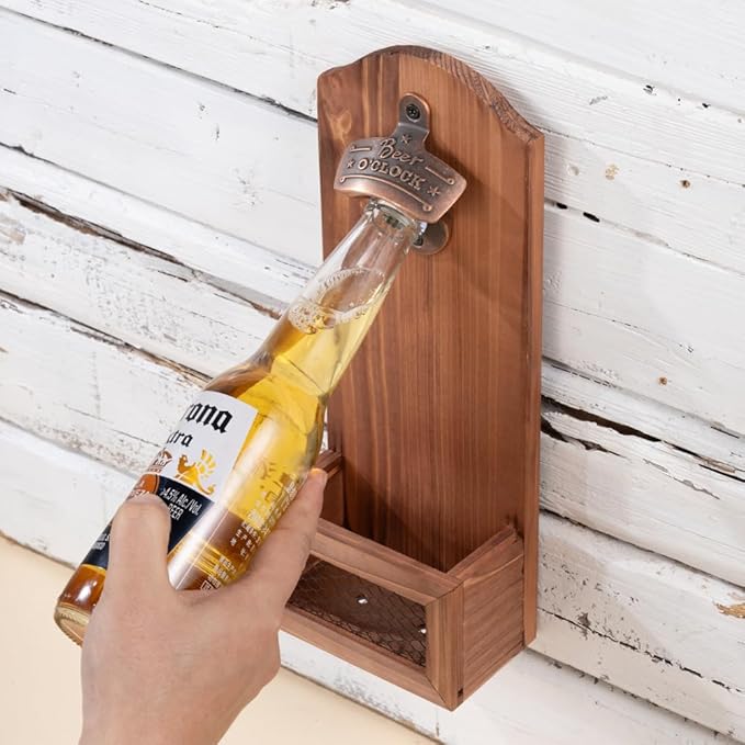 Bottle Opener with Cap Collector Catcher,Vintage Wooden Wall Mounted Bottle Opener，Ideal Gift for Men and Beer Lovers, Use as Bar Decoration (Beer O'Clock)
