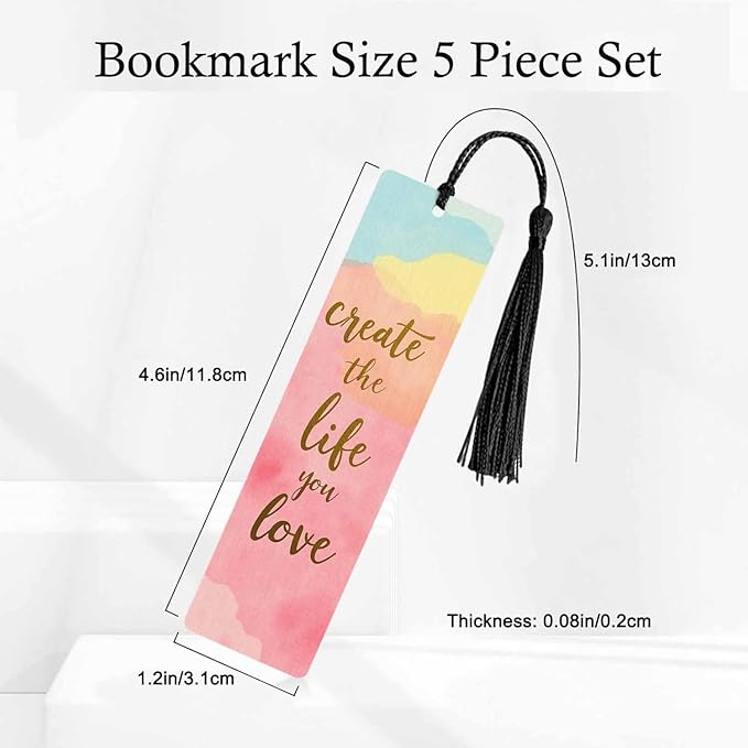 Create Life 5 Pcs Bookmarks Pink Blue Tie Dye Wooden Bookmarks with Tassel for Students Reader Teachers Book Lovers