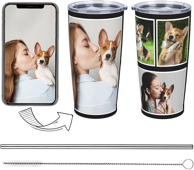 Personalized Custom tumbler Coffee Mug with Lid and Straw Hot and Cold Stainless Steel Vacuum Insulated Travel Mug with Photo Personalized tumbler Gift (20 oz, Funnel, 4 photos)