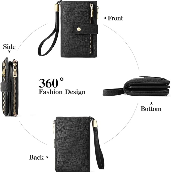 Practical Genuine Leather Wristlet Wallet for Women with Double Zipper Coin Purse and Card Organization (Black)