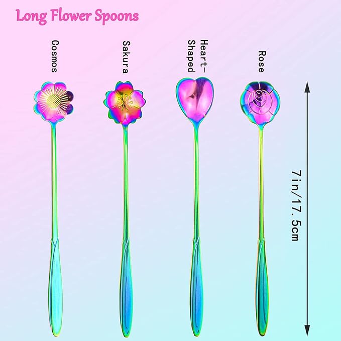 Flower Spoon Set of 4, 7 Inches Stainless Steel Reusable Cute Tea Spoon for Drink Mixing Milkshake Jam (Rainbow)