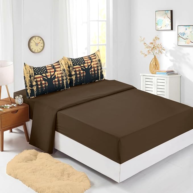 Deer Comforter Sets Full 5PCS with Sheets,Deer and American Flag Comforter Set for Hunter Bedroom Decor,Deer Bedding Full,Bedding Set for Boys Adult Teens