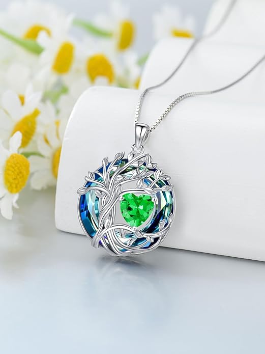 TOUPOP Tree of Life Birthstone Necklace 925 Sterling Silver Pendant Austrian Crystal Jewelry Anniversary Valentine's Day Birthday Gifts for Women Mom Her Wife