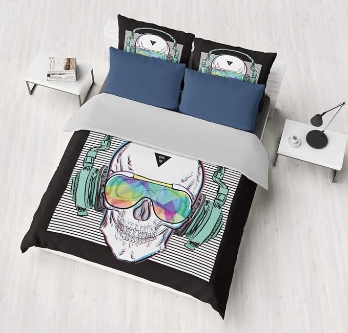 Music Skull Comforter Sets Queen Size Boys Girls Punk Rocker Skeleton Printed Soft Warm Bedding for All Season