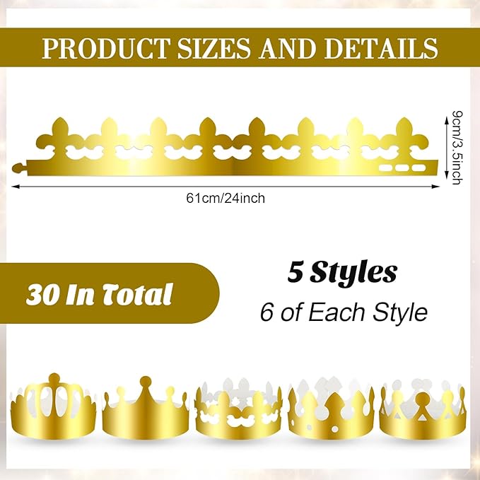 Crtiin 30 Pcs Gold Paper Crown for Adults Princess Hats Crafts Birthday Party Bulk Crowns for School Classroom(Stylish Style)
