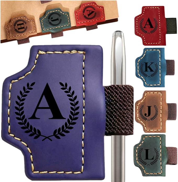 Custom Bookmark with Pen Holder with 26 Letters Personalized Magnetic Leather Book Mark, Customized Name Book Marker Clip with Initial for Men Women, Gifts for Book Lovers, Readers, (Purple, A)