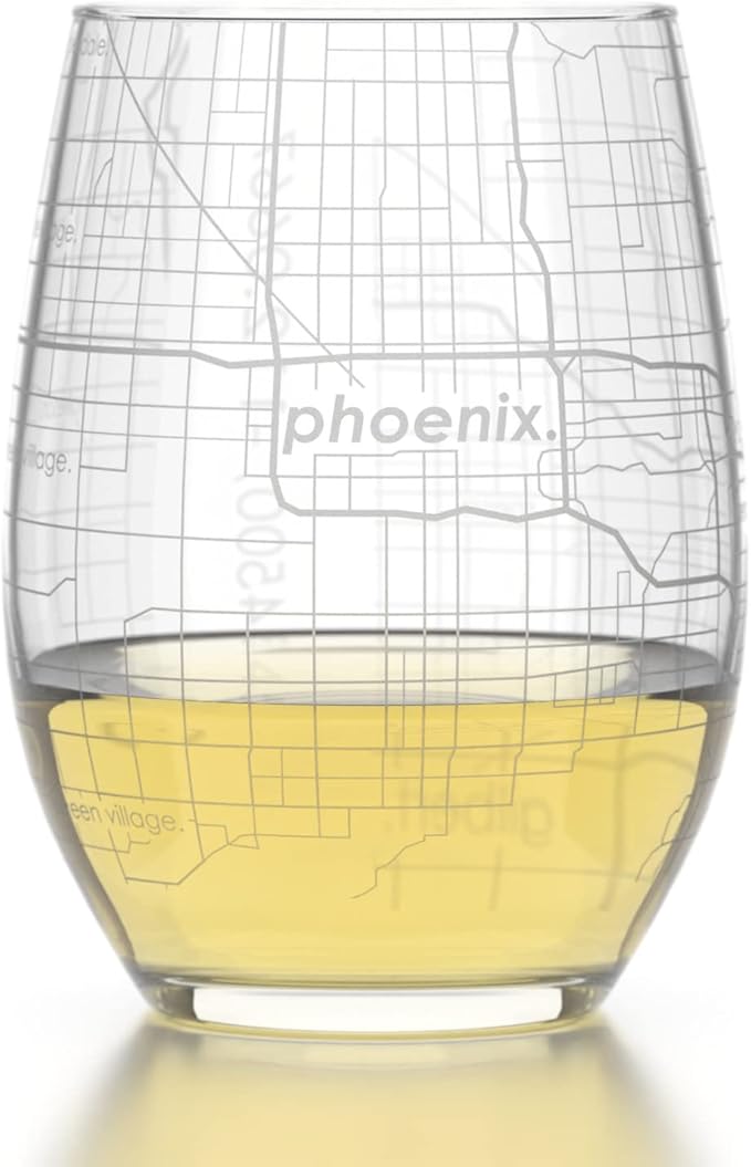 Well Told Engraved Phoenix Arizona Map Stemless Wine Glass, Etched Glass (15 oz, Clear) City Custom Gifts for Lovers