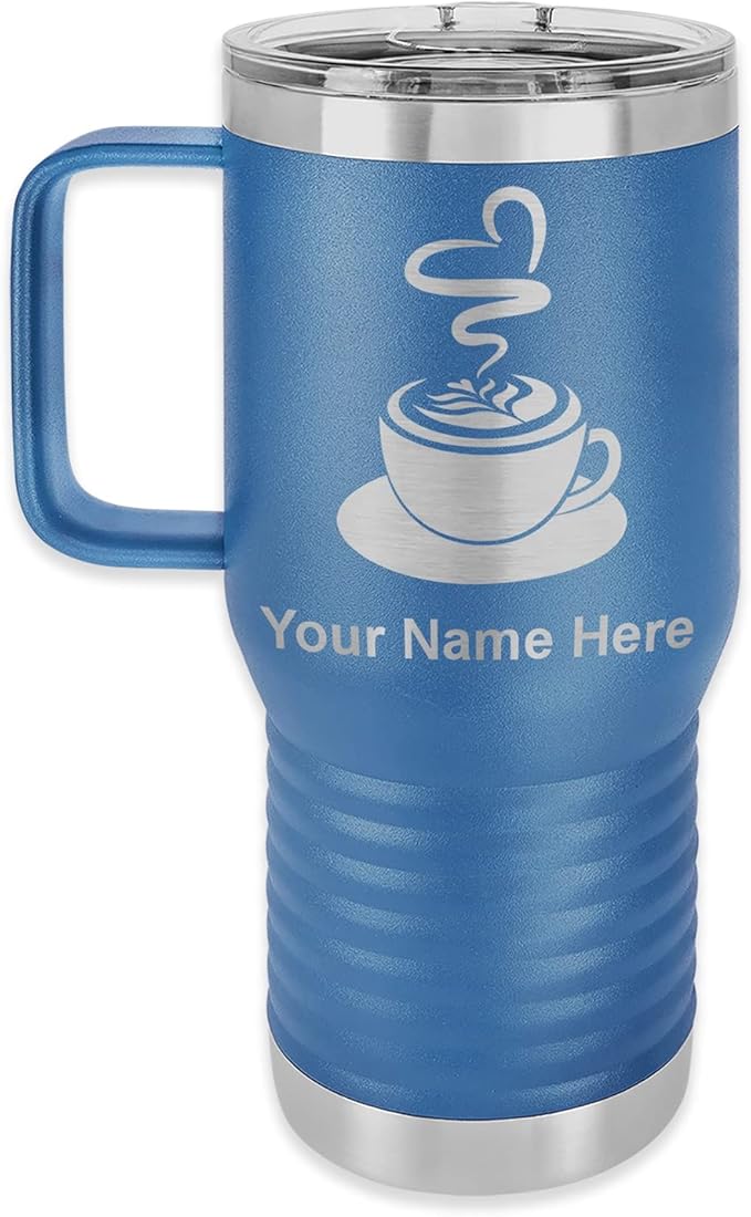 LaserGram 20oz Vacuum Insulated Travel Mug with Handle, Cup of Coffee, Personalized Engraving Included (Dark Blue)
