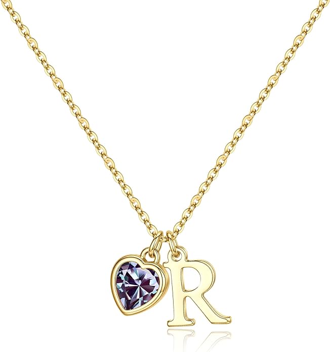 Turandoss Valentines Day Gifts for Her Trendy, Dainty 14K Gold Plated Initial A-Z Heart Birthstone Pendant Necklace Personalized Bridesmaid Birthday Valentines Jewelry Gifts for Women Girls