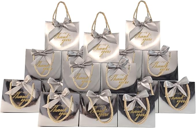 TKSBAG 100 Pack Small Thank You Gift Bags with Handles, 5.5''x 2.5''x4.7'' Mini Silver Gift Bags Bulk for Baby Shower, Birthday, Wedding, Party Favors, Back to School, Summer Party