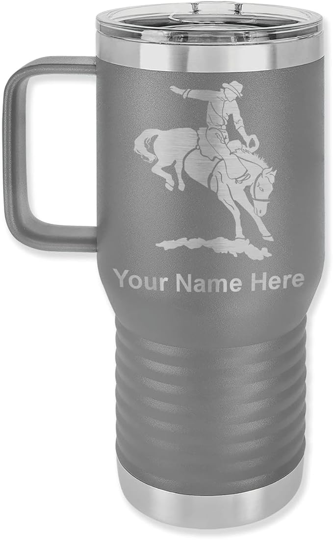 20oz Vacuum Insulated Travel Mug with Handle, Bronco Rider, Personalized Engraving Included (Gray)