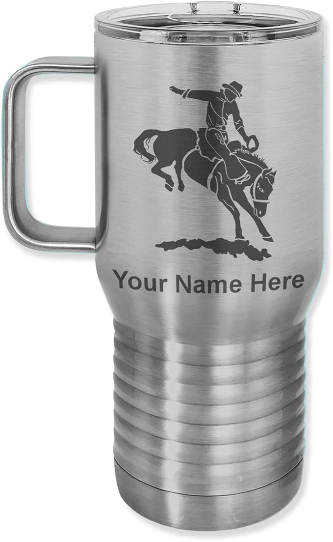 LaserGram 20oz Vacuum Insulated Travel Mug with Handle, Bronco Rider, Personalized Engraving Included (Stainless Steel)