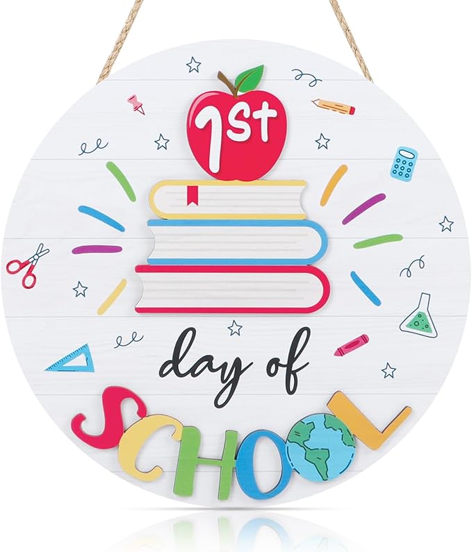 CHDITB First Day of School Sign Back to School Wooden Hanging Sign, Colorful Welcome School Party Outdoor Deco for Classroom Decorations Round 3D Book Wooden Plaque for Classroom Nursery Decor