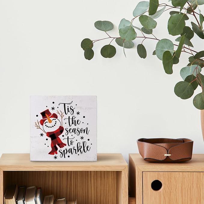 Mtrgdn Christmas Snowman Decor Sign,Winter Tis the Season to Sparkle Snowman Wooden Box Sign,Christmas Decorations for Home Bathroom Bedroom Office Table Desk Shelf Wall Decoration,5x5 Inch