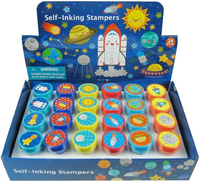 TINYMILLS 24 Pcs Outer Space Stampers for Kids Party Favor Goodie Bag Stuffers Pinata Fillers Classroom Rewards Carnival Prizes Rocket Space Galaxy Party Supplies Sunday School Rewards