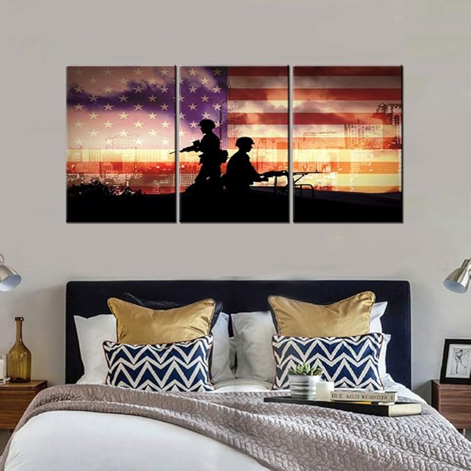 Native America Flags Paintings Patriotic Wall Picture for Living Room White Red Stripes Wall Art Modern House Decorations Canvas Prints Artwork Wooden Framed Gallery-Wrapped Ready to Hang(48''Wx24''H)