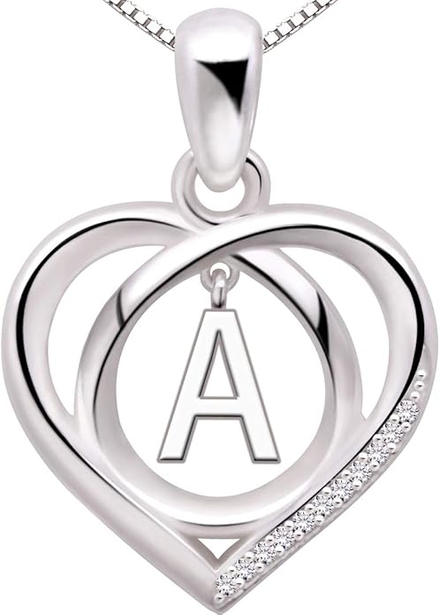 ALOV Jewelry Sterling Silver Initial Letter Alphabet Love Heart Cubic Zirconia Pendant Necklace