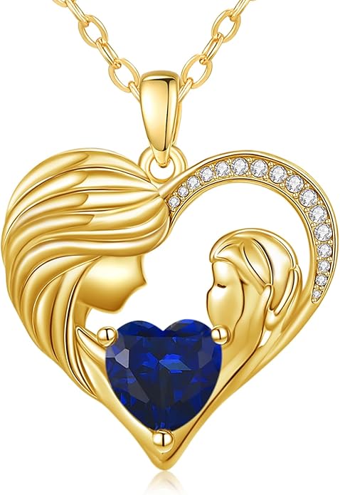 Mother and Daughter/Son Love Heart Necklace White Gold/14K Gold/Rose Gold Birthstone Jewelry Christmas Mothers Day Birthday Gifts For Mom Wife Grandma Women