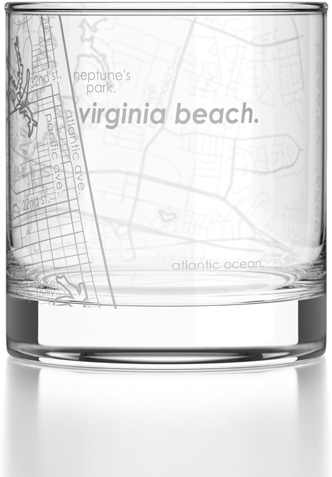 Well Told Engraved Virginia Beach Virginia Map Rocks Glass, Old Fashioned Glassware (11 oz, Clear) Etched Bourbon Tumbler, Gifts For Whiskey Lovers